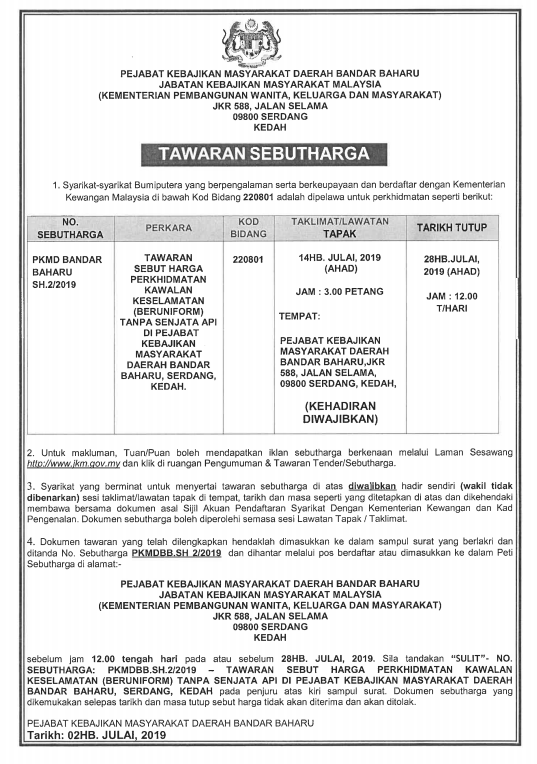 Tender Jkr Kedah 2019
